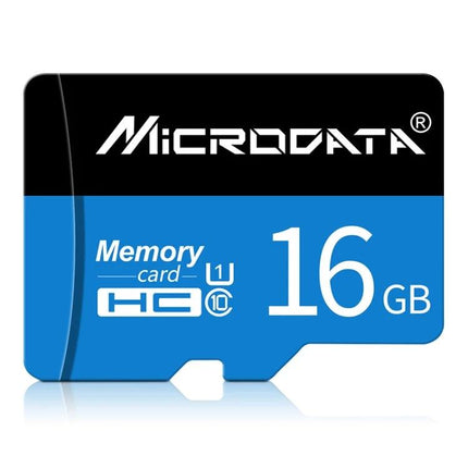 Microdata 16GB Micro SD Card for Phones and Cameras - blue and black memory card showing 16GB, Class 10 speed and plug-and-play design