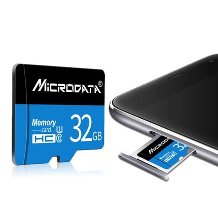 Microdata 16GB Micro SD Card for Phones and Cameras showing card next to smartphone tray, ideal for photos, videos and app storage, plug-and-play