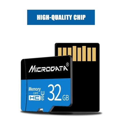 Microdata 16GB Micro SD Card for Phones and Cameras showing blue memory card and black adapter, plug-and-play storage for photos and videos