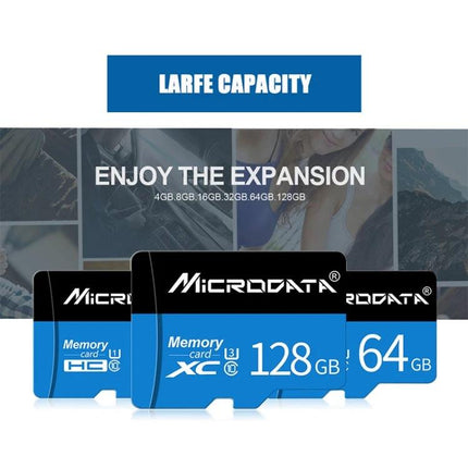 Microdata 16GB Micro SD Card for Phones and Cameras showing blue Microdata memory cards (16GB, 64GB, 128GB) with plug-and-play storage