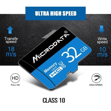 Microdata 16GB Micro SD Card for Phones and Cameras showing Class 10 blue microSD card with 18MB/s read and 10MB/s write speeds