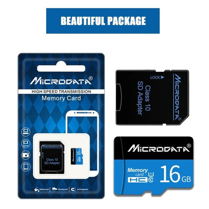 Microdata 16GB Micro SD Card for Phones and Cameras showing card, SD adapter and retail packaging, 18MB/s read, 10MB/s write, plug-and-play