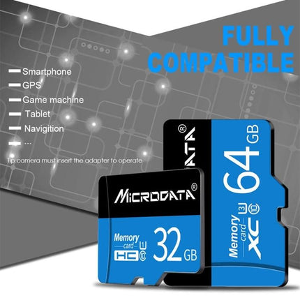Microdata 16GB Micro SD Card for Phones and Cameras shown next to other Microdata SD cards, highlighting plug-and-play storage for photos and apps