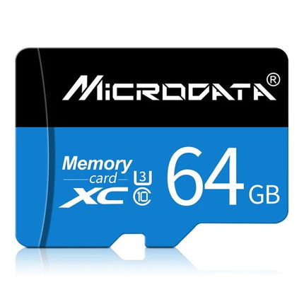 Microdata 64GB Micro SD Memory Card for Everyday Devices - blue and black 64GB micro SD card showing XC U3 Class 10 branding
