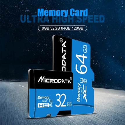Microdata 64GB Micro SD Memory Card for Everyday Devices - blue 64GB and 32GB Microdata cards shown for smartphones and cameras