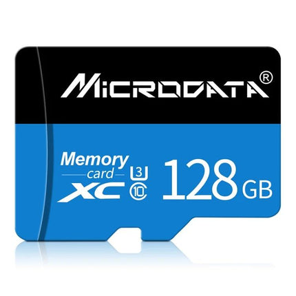 Microdata 128GB Blue and Black Micro SD Memory Card for Smartphones and Cameras showing blue and black 128GB microSD card for phones and cameras