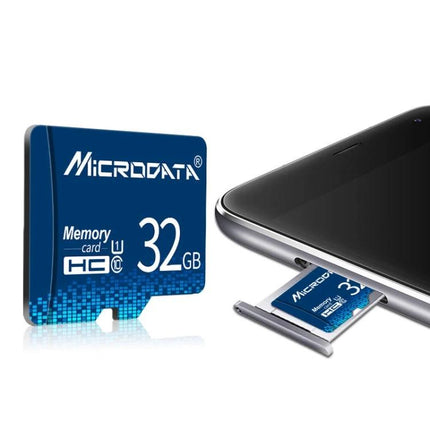 Microdata 32GB Blue Micro SD Card for Device Storage - blue 32GB microSD shown beside smartphone tray