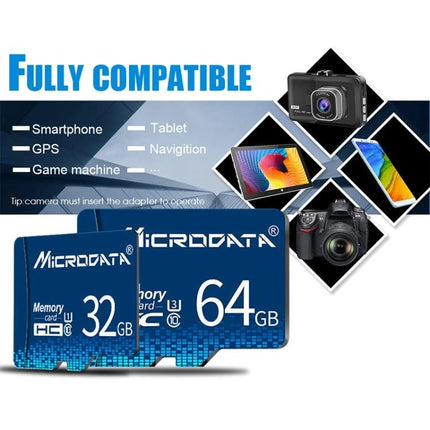 Microdata 32GB Blue Micro SD Card for Device Storage - blue 32GB micro SD shown with adapter and compatible devices (phones, tablets, cameras)