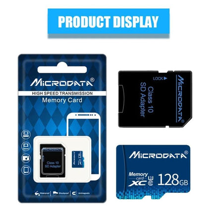 Microdata 128GB Micro SD Card for Smartphones and Devices - blue packaged memory card with SD adapter and microSD shown