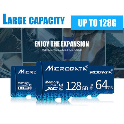 Microdata 128GB Micro SD Card for Smartphones and Devices - blue memory card showing 128GB and 64GB options, large capacity up to 128G
