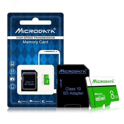 Microdata 8GB Micro SD Memory Card for Phones and Cameras packaged card with SD adapter and microSD showing 8GB storage