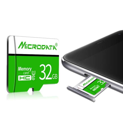 MICRODATA 16GB Micro SD Memory Card for Smartphones and Cameras showing card next to smartphone tray and green packaging