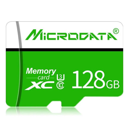 Microdata 128GB Green and White Micro SD Card for Smartphones and Cameras - green and white labelled memory card showing 128GB capacity