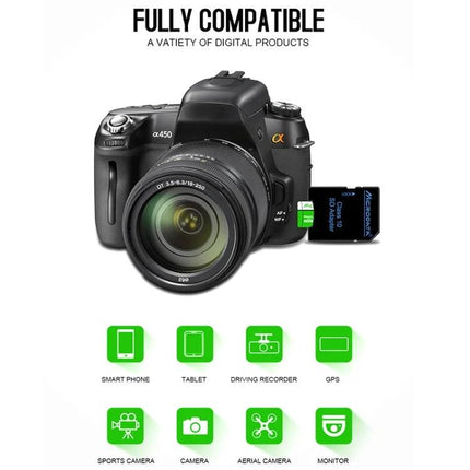 Microdata 128GB Green and White Micro SD Card for Smartphones and Cameras inserted next to DSLR camera showing compatibility with phones, tablets, cameras
