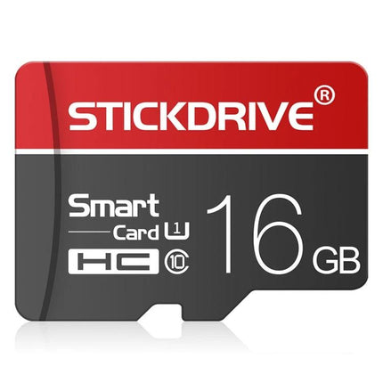Stickdrive 16GB Micro SD Memory Card for Smartphones and Tablets - red and black microSD card image showing 16GB capacity