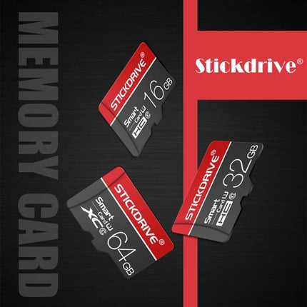 Stickdrive 16GB Micro SD Memory Card for Smartphones and Tablets shown with 16GB, 32GB and 64GB cards in red and black design