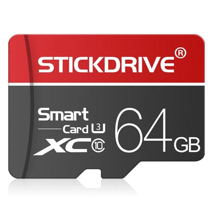 Stickdrive 64GB Micro SD Card for Smartphones and Cameras - red and black microSD card showing 64GB capacity and XC U3 speed class