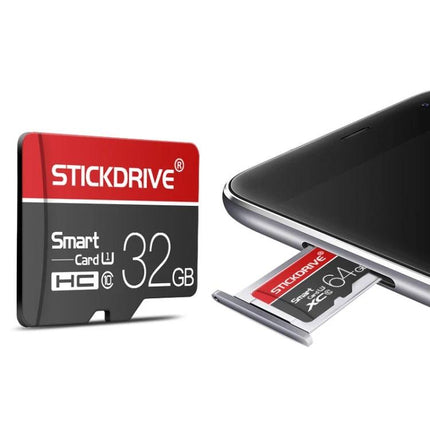 Stickdrive 64GB Micro SD Card for Smartphones and Cameras inserted in smartphone next to standalone microSD card image