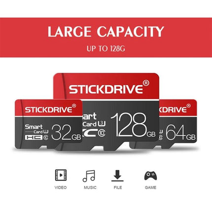 Stickdrive 64GB Micro SD Card for Smartphones and Cameras - 64GB microSD card shown with 32GB and 128GB variants, for video, music, files, game storage