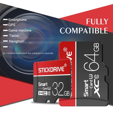 Stickdrive 64GB Micro SD Card for Smartphones and Cameras - red and black microSD card with adapter shown, compatible with phones and cameras