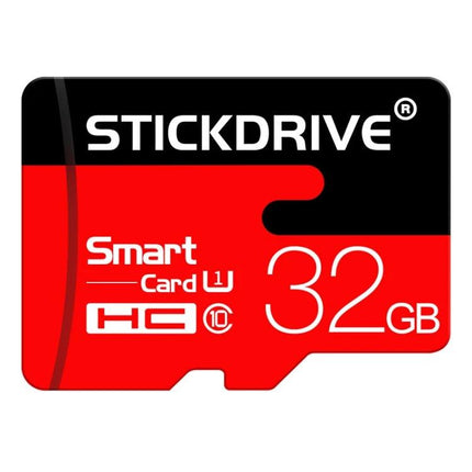 Stickdrive 32GB Micro SD Card for Everyday Data Storage - red and black microSD card showing 32GB capacity and Class 10 speed