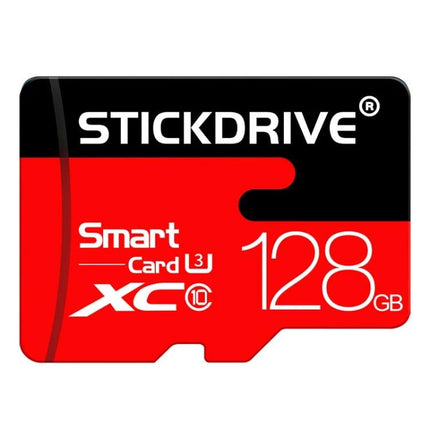 Stickdrive 128GB Micro SD Memory Card for Everyday Storage - red and black microSD card showing 128GB, Class 10, U3 branding
