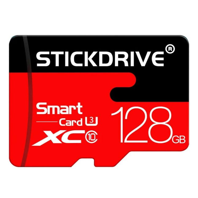 Stickdrive 128GB Micro SD Memory Card for Everyday Storage - red and black microSD card showing 128GB, Class 10, U3 branding