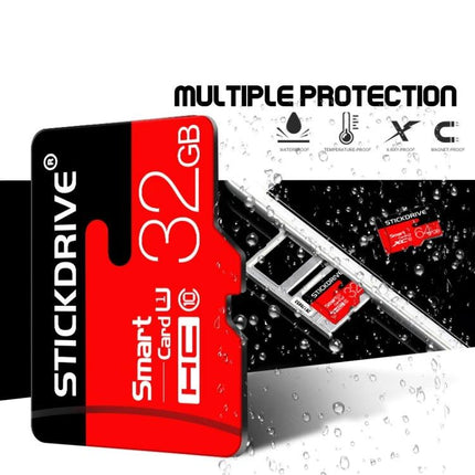 Stickdrive 128GB Micro SD Memory Card for Everyday Storage - red and black microSD card shown with adapter, water droplets, multiple protection icons