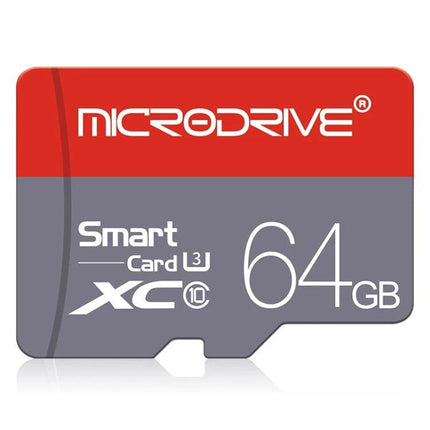 Microdrive 64GB High-Speed Class 10 Micro SD Card for Storage - red and gray Microdrive SD card showing 64GB capacity and Class 10 speed