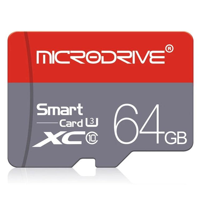 Microdrive 64GB High-Speed Class 10 Micro SD Card for Storage - red and gray Microdrive SD card showing 64GB capacity and Class 10 speed