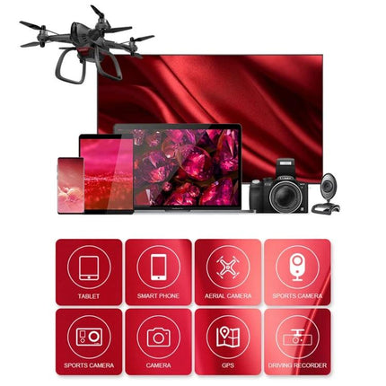 Microdrive 64GB High-Speed Class 10 Micro SD Card for Storage shown with drone, camera, tablet, smartphone and icons for cameras, GPS and driving recorder