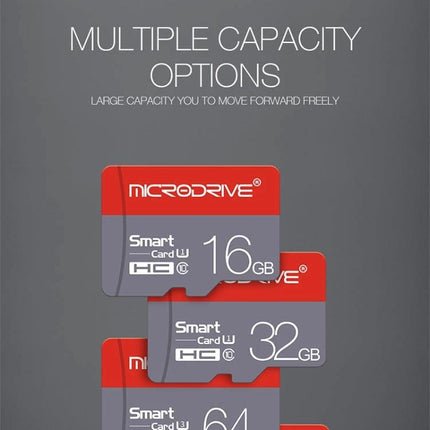 Microdrive 64GB High-Speed Class 10 Micro SD Card for Storage - 64GB microSD shown alongside 16GB and 32GB cards for cameras and drones