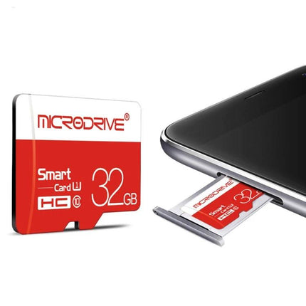 Microdrive 32GB Micro SD Card for High-Speed Photo Storage inserted into smartphone tray, red and white card showing 32GB and HC logo