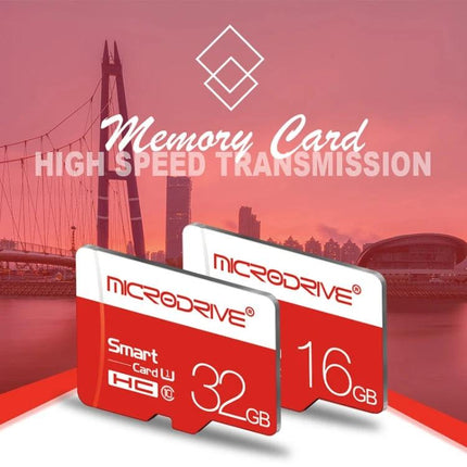 Microdrive 32GB Micro SD Card for High-Speed Photo Storage shown as red Microdrive memory card with high-speed transmission text