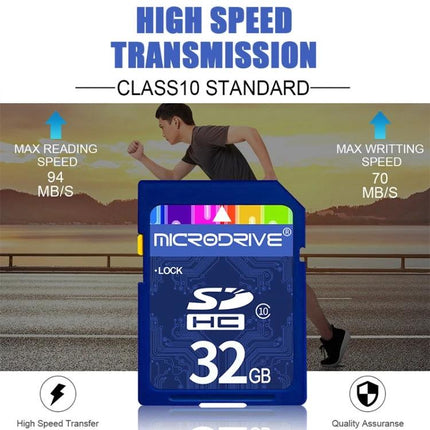 Microdrive 32GB SD Memory Card for Cameras and Phones high-speed Class10 SDHC card showing 32GB capacity and 94MB/s read 70MB/s write