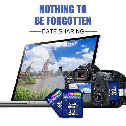 Microdrive 32GB SD Memory Card for Cameras and Phones shown with DSLR, laptop and scenic photo for reliable full HD storage