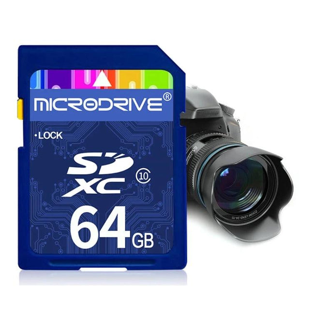 64GB SD Memory Card for Storing Photos and Videos on Devices - blue SDXC card beside DSLR camera, durable for travel and outdoor shoots