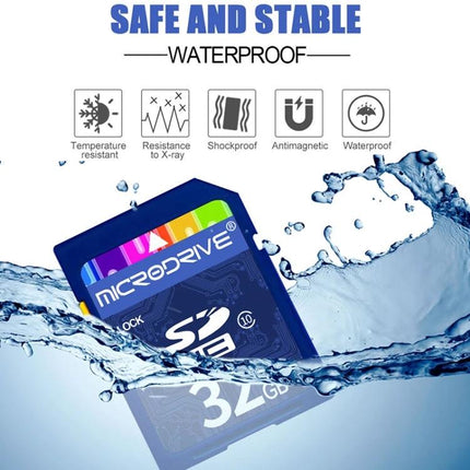 64GB SD Memory Card for Storing Photos and Videos on Devices showing waterproof, temperature resistant, shockproof SD card in water