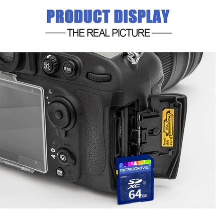 64GB SD Memory Card for Storing Photos and Videos on Devices inserted next to DSLR camera showing product display
