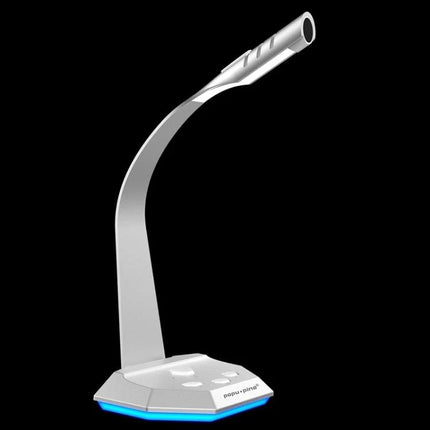 Compact USB Microphone for Everyday Online Communication and Recording - slim silver desktop USB mic with flexible gooseneck and LED base