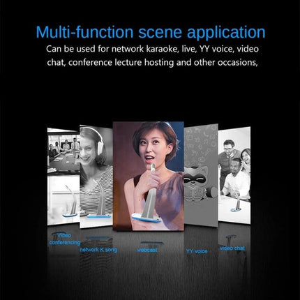 Compact USB Microphone for Everyday Online Communication and Recording shown in multi-function scene application for meetings, podcasting, webcast and video chat