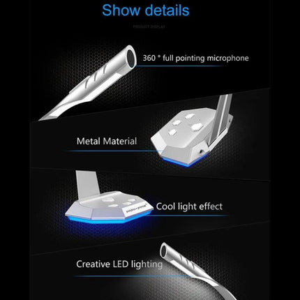 Compact USB Microphone for Everyday Online Communication and Recording showing metal body, 360° pointing mic, and blue LED light base