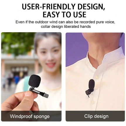 YICHUANG Lavalier Microphone For Daily Mobile Recording showing windproof sponge and clip design on shirt for mobile vlogging