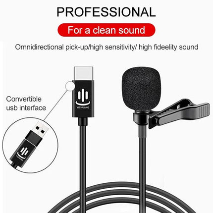 YICHUANG Lavalier Microphone For Daily Mobile Recording clipped on shirt with Type-C convertible USB connector and foam windscreen for clear voice capture