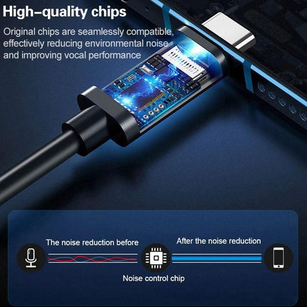 YICHUANG Lavalier Microphone For Daily Mobile Recording showing Type-C plug with noise-reduction chip and cable, illustrating before-and-after noise control