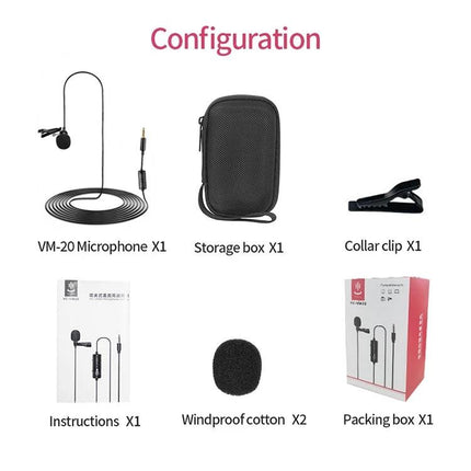 Enhance Daily Recordings with YICHUANG Lavalier Microphone showing microphone, storage case, collar clip, windproof cotton, instructions and packing box