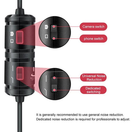 Enhance Daily Recordings with YICHUANG Lavalier Microphone showing camera/phone switch and universal noise reduction controls