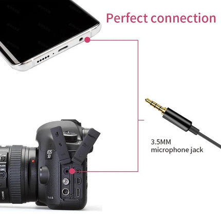 Enhance Daily Recordings with YICHUANG Lavalier Microphone clipped to clothing with 3.5mm jack showing perfect connection to phone and camera
