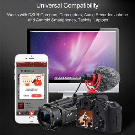 YICHUANG Microphone for Clear Daily Conversations at Home mounted on DSLR with smartphone and camcorder showing universal compatibility