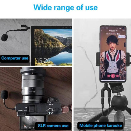 Handheld Microphone for Tours and Outdoor Activities shown used with laptop, SLR camera and mobile phone for outdoor tours and live events